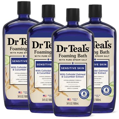 Dr Teal's Foaming Bath with Pure Epsom Salt, Sensitive Skin with Colloidal Oatmeal & Cucumber, 34 fl oz (Pack of 4)