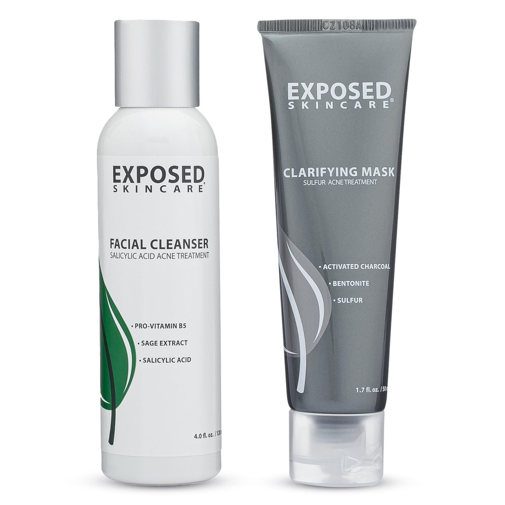 Exposed Skin Care Acne Facial Cleanser + Activated Charcoal Face Mask Bundle for Acne Prone Skin - Pore Clarifying Acne Treatment for All Ages, Skin Types