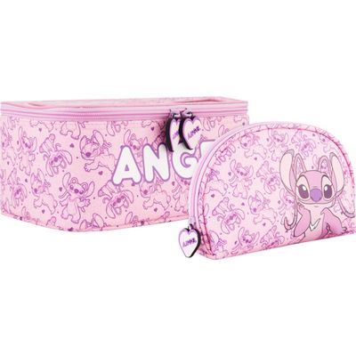 Concept One Disney Stitch 2-Piece Travel Cosmetic Case Set with Zippers and Mirror, All Over, Pink