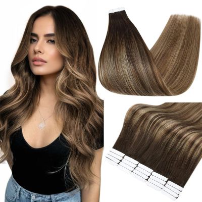 Full Shine Human Hair Tape in Extensions, Color 2 Dark Brown to 3 Chestnut Brown and 27 Honey Blonde, 16 Inch, 50g, 20PCS, Invisible Remy Tape Ins Human Hair Extensions Add Volume