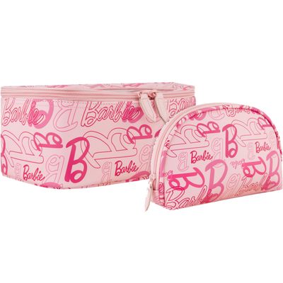Concept One Barbie 2-Piece Women's Makeup Bag, Two Zipper Travel Cosmetic Zipper Pouch Organizer with Logo, Pink