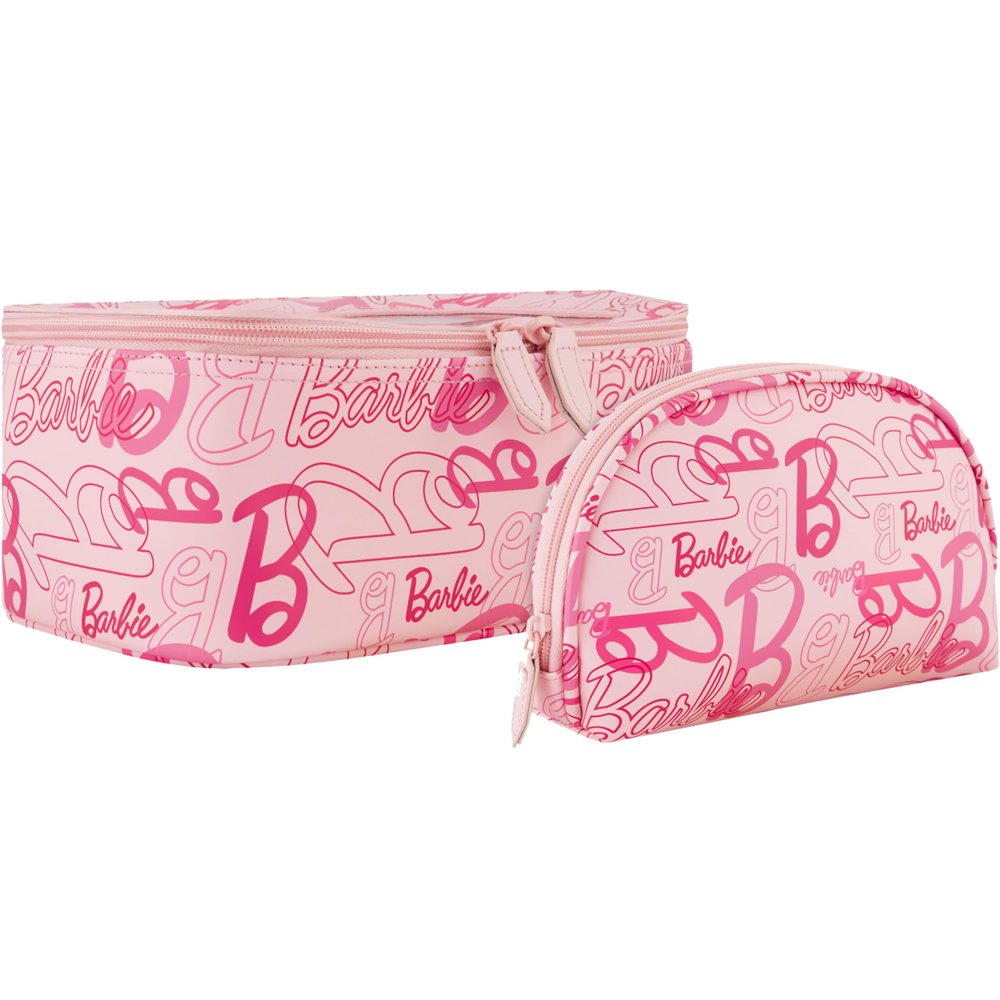 Concept One Barbie 2-Piece Women's Makeup Bag, Two Zipper Travel Cosmetic Zipper Pouch Organizer with Logo, Pink
