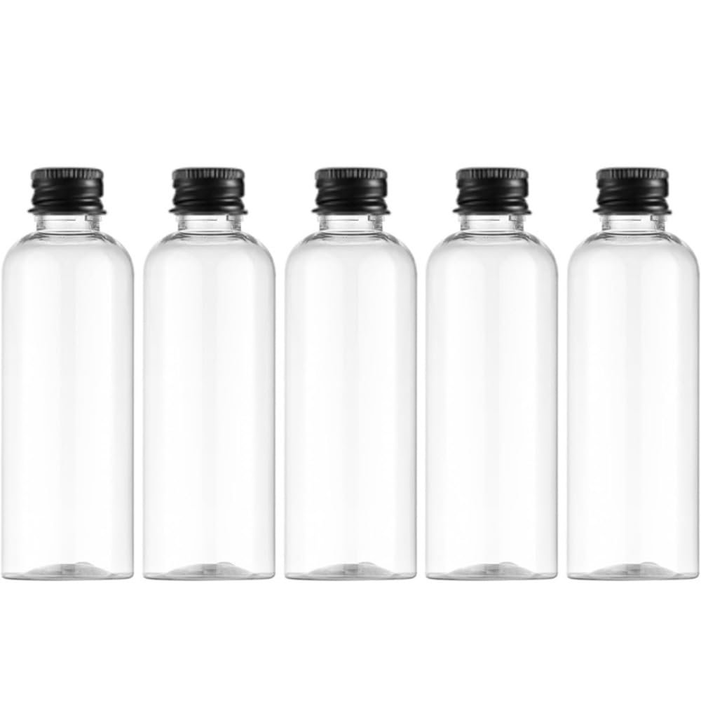 50PCS Empty Clear Plastic Sample Bottles with Aluminium Screw Cap Tiny Jars Cosmetic Container Travel Refillable Bottle 5 ml-500 ml (black lid,100ml)