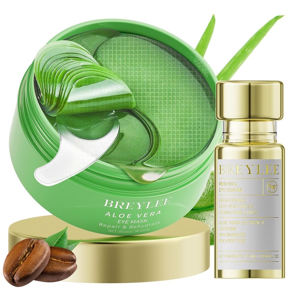 BREYLEE Renewal Care Kit with Aloe Vera Eye Masks  60 Pcs & Renewing Serum, Under Eye Patches For Puffy Eyes,Hydrates, Improves And Firms The Eye Area, Suitable For Both Women And Men