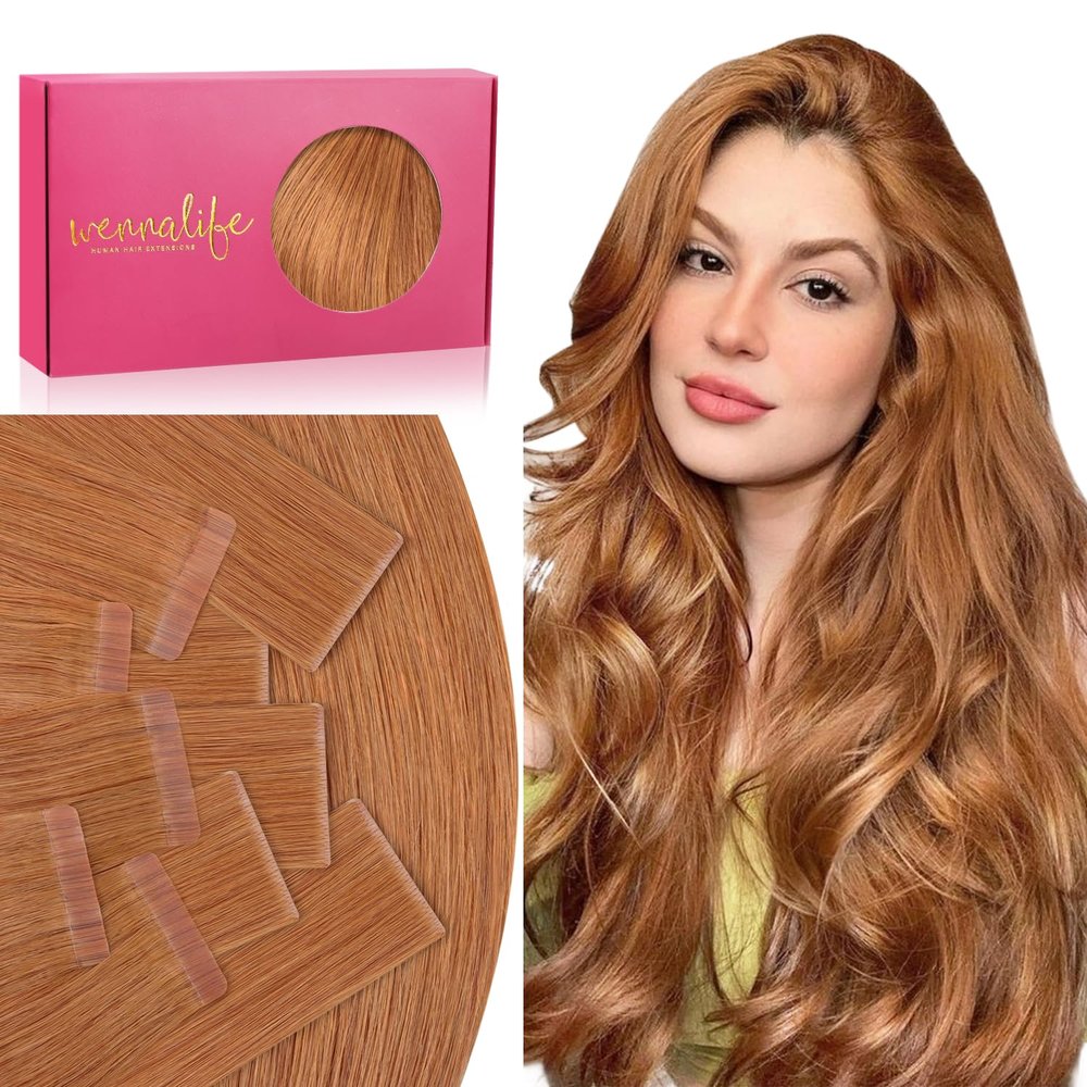 WENNALIFE Invisi Edge & Classic Tape in Hair Extensions Human Hair, 24 Inch 100g 40pcs(20pcs Invisi Edge & 20pcs Classic) Auburn Ginger Invisible Luxury Remy Hair Natural Seamless Injected Tape Ins
