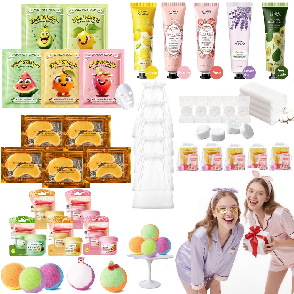 35 Pcs Spa Party Supplies for 5  Spa Gifts for Women, Girls & Kids | Spa Set with Eye & Face Masks, Lip Balm, Hand Cream, Bath Bombs, Towels & Gift Bags | Spa Kit for Birthdays, Sleepovers, Spa Days