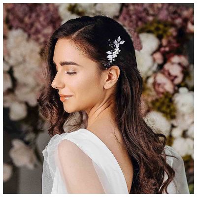 Aneneiceera Vintage Crystal Pearl Hair Comb Barrette Silver Pearl Leaf Hair Clip Comb Cz Rhinestone Hair Barrette Shine Wedding Headpieces Decorative Hair Accessories for Women (Silver)