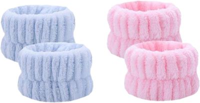 2 Pcs Spa Face Washing Wristbands,Microfiber Wrist Towels Absorbent Facial Elastic Wristbands Makeup Wash Wrist Towels,Reusable Absorbent Stop Water Run Down Arms (Blue,Pink)