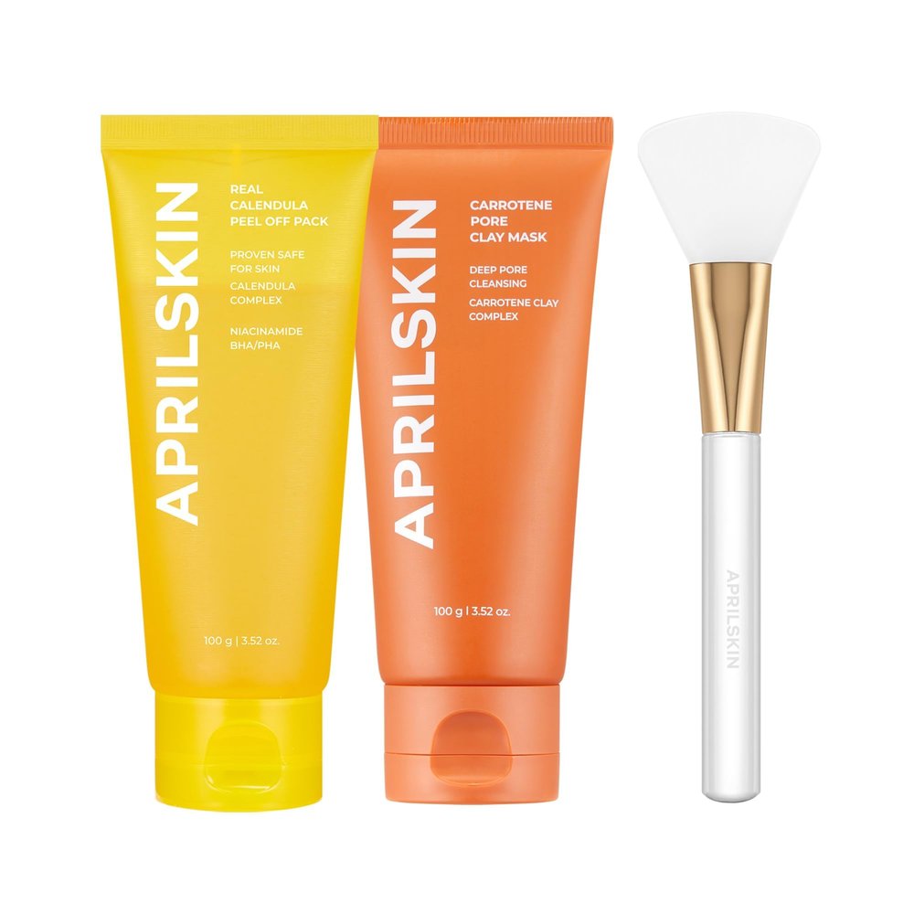 APRILSKIN Pore care & Glow Booster duo: Calendula Flower-Infused Facial Peel Off Mask, Carrotene IPMP 3-Min Quick Dry Pore Caring Clay Mask & Jelly Brush