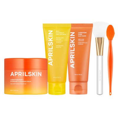 APRILSKIN Pore-fect skincare set: Carrotene IPMP Hydromelt Cleansing Balm, Calendula Flower-Infused Facial Peel Off Mask, Carrotene IPMP 3-Min Pore Caring Clay Mask with Brush | Stocking Stuffers
