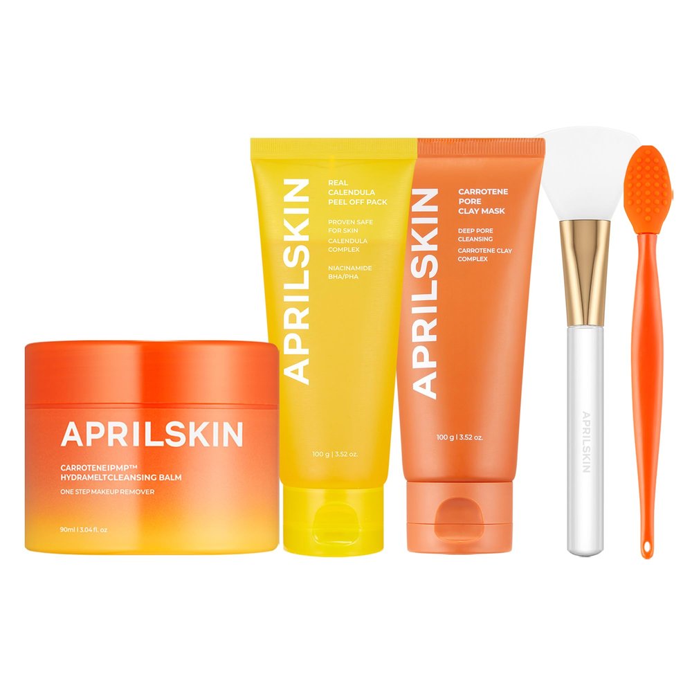 APRILSKIN Pore-fect skincare set: Carrotene IPMP Hydromelt Cleansing Balm, Calendula Flower-Infused Facial Peel Off Mask, Carrotene IPMP 3-Min Pore Caring Clay Mask with Brush | Stocking Stuffers