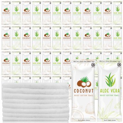 Timgle 50 Pcs Moist Towelettes Individually Wrapped Scented Disposable Face Towels Essential Oil Infused Moist Terry Cotton Towel for Use Hot or Cold Travel Body Spa (Aloe Vera, Coconut)