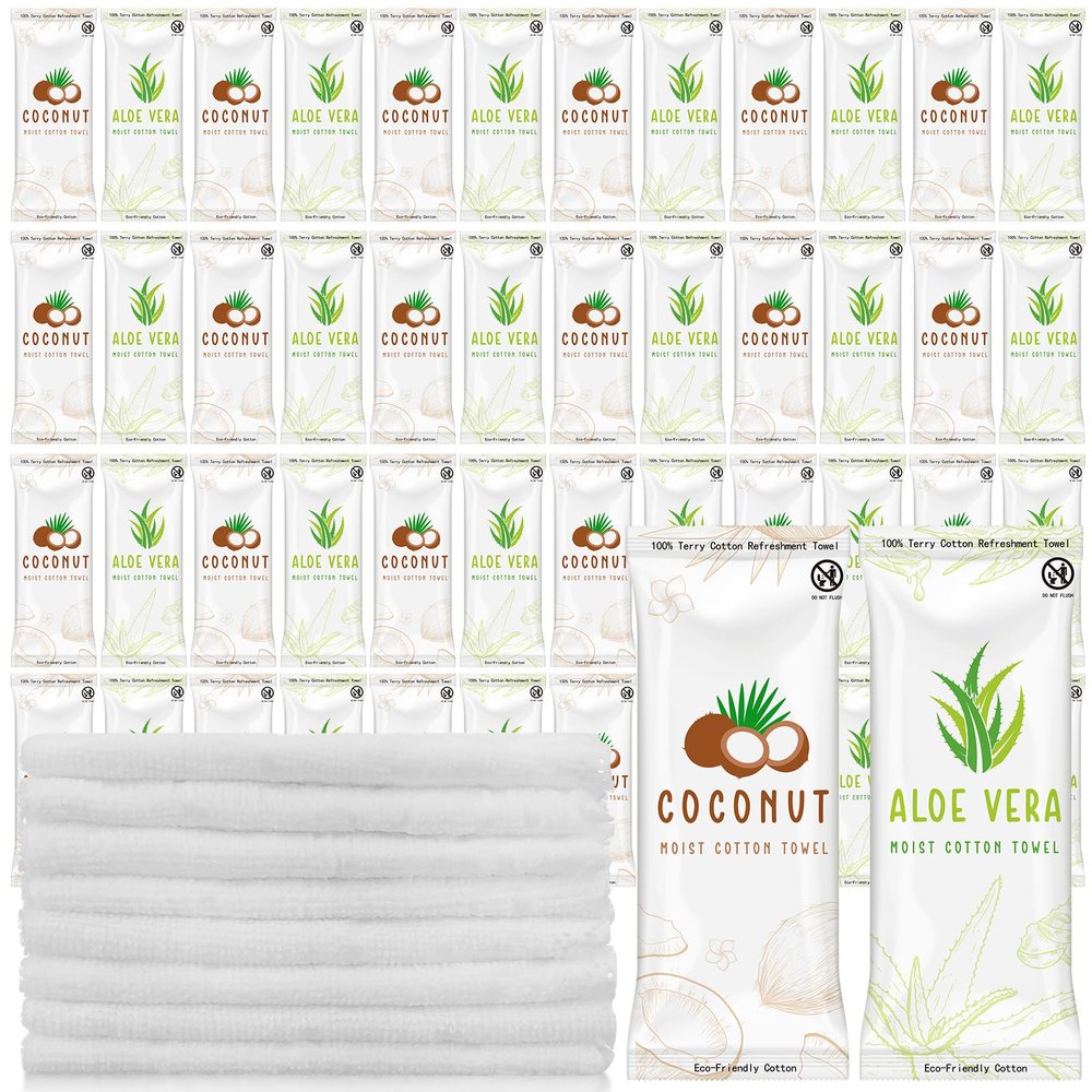 Timgle 50 Pcs Moist Towelettes Individually Wrapped Scented Disposable Face Towels Essential Oil Infused Moist Terry Cotton Towel for Use Hot or Cold Travel Body Spa (Aloe Vera, Coconut)