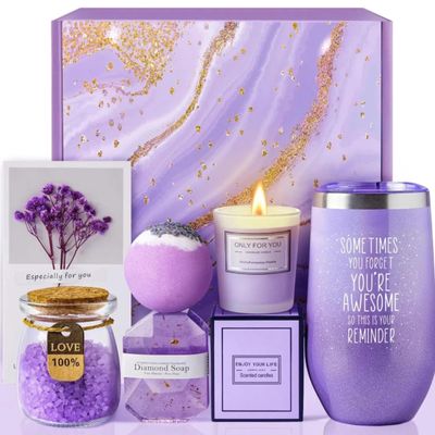 Purple Spa Gift Set, 6-Piece Bath and Relaxation Set with Tumbler, Candle, Bath Bomb, Bath Salt, Soap, and Greeting Card