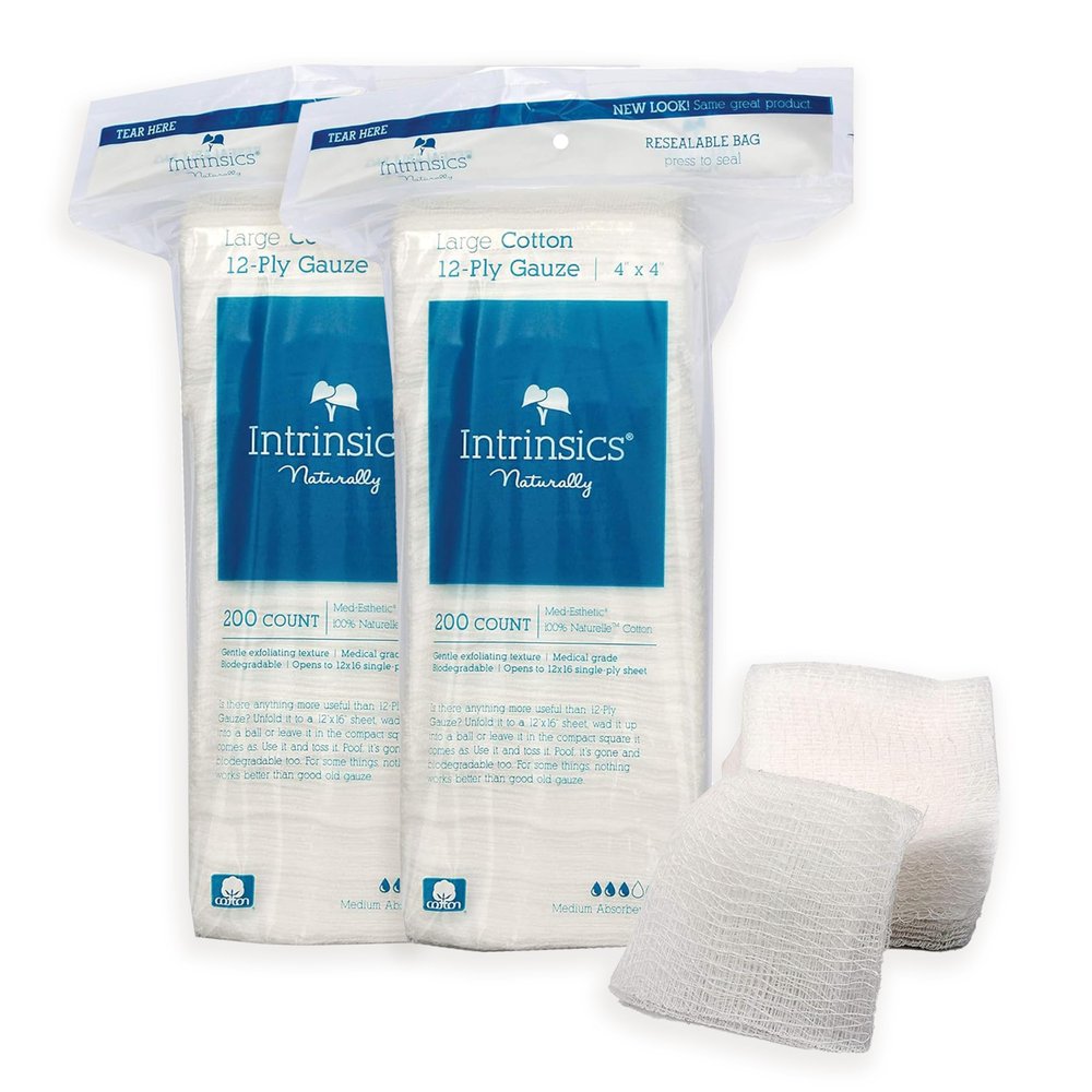 Intrinsics Large Cotton Gauze (400 Count)  4x4 12-Ply Medium Absorbency Pads, Medical-Grade Lint-Free Hypoallergenic Cotton, for Skincare & Waxing Treatments, Spa Supplies