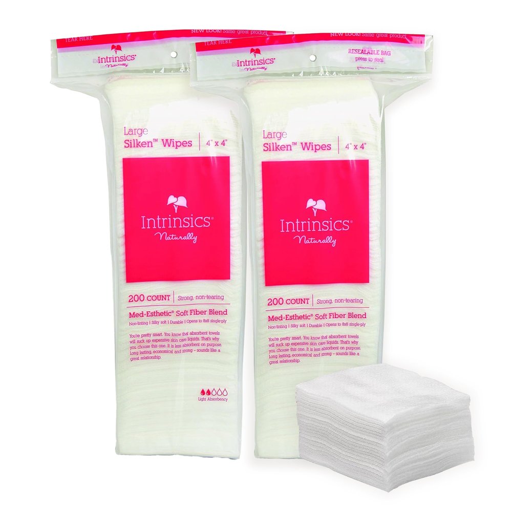 Intrinsics Large Silken Wipes (400 Count)  4x4 4-Ply Low-Absorbency Silk Cotton Pads, Lint-Free Hypoallergenic Gauze, Esthetician Supplies for Makeup & Skincare Application, Nails, and Spa Use
