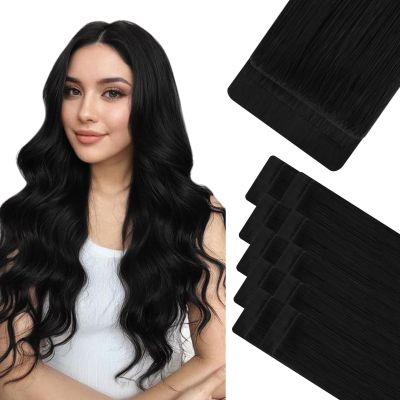 HOTBANANA Invisi Edge Tape in Hair Extensions Human Hair, 16inch 50g 10pcs Invisible & 10pcs Classic Jet Black Seamless Tape in Hair Extensions Straight Injected