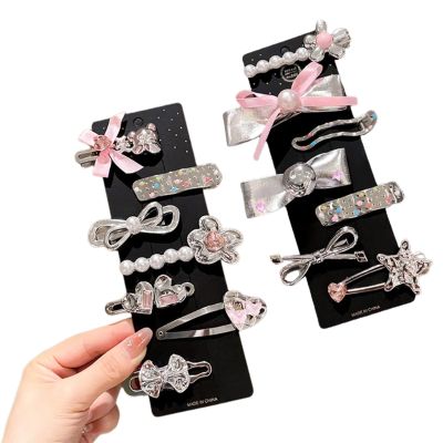 14PCS Silver Hair Pins of Leather Bow Hair Clip Side Clamp With Sparkling Pearls Diamonds Given as Gifts for Girls Women
