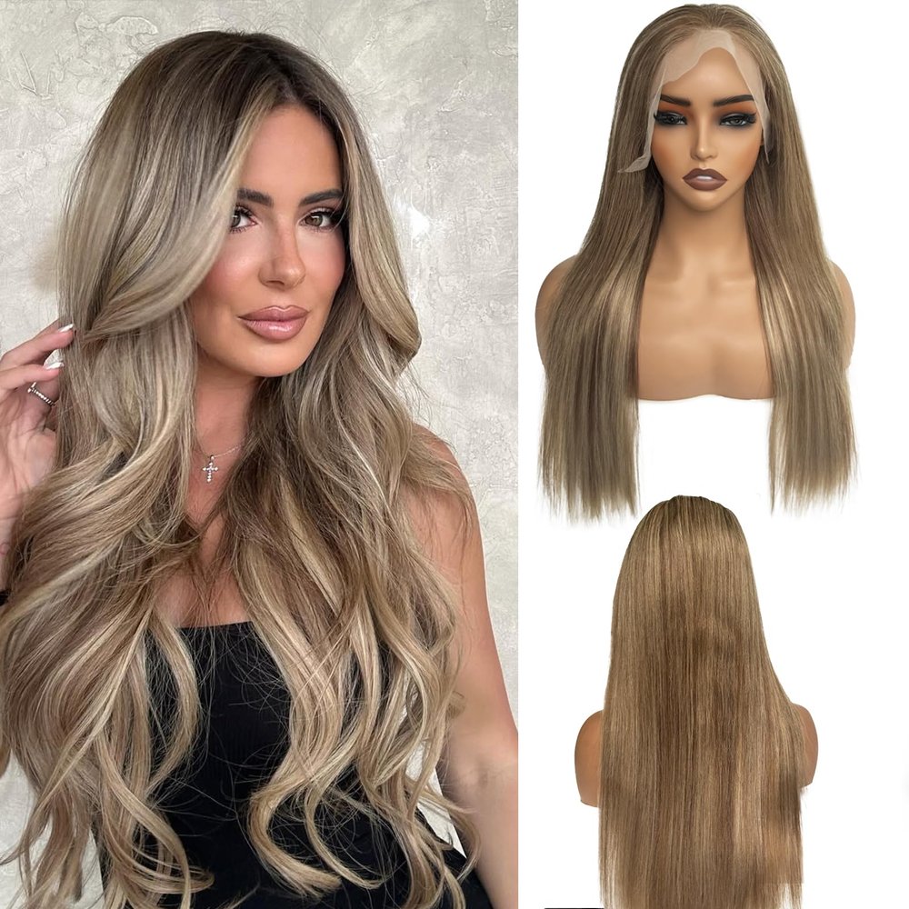 Belaved 13x6 Straight Lace Front Wigs Human Hair for Women, 24 Inch Highlights Ombre Light Brown to Brown with Ash Blonde HD Lace Frontal Wig Human Hair Glueless Pre Plucked Bleached Knots