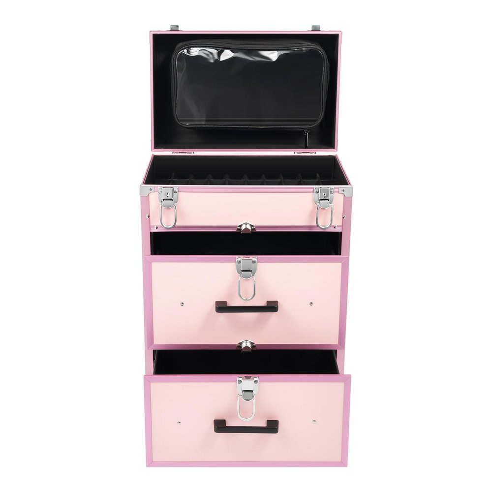 ACNAO Makeup Rolling Train Case, Pink Makeup Train Case, Trolley Rolling Makeup Train Case with 4 Wheels and Locks, Professional Cosmetic Make up Organizer Case for Hairdressers, Makeup Artists
