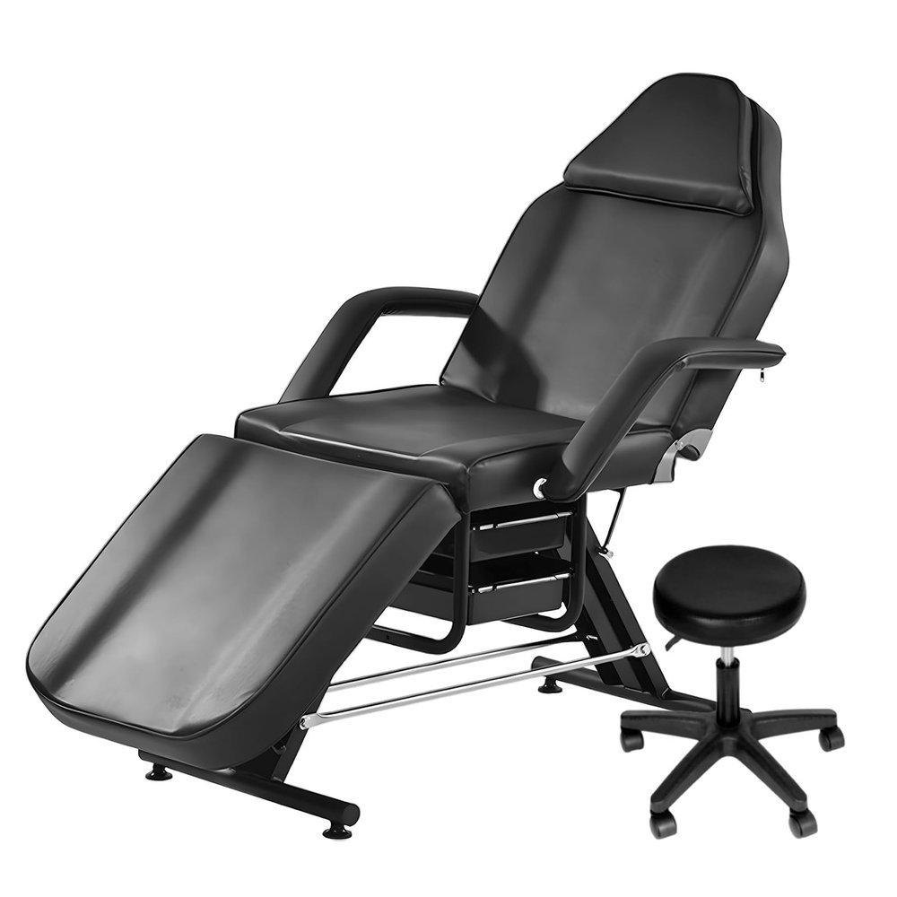 3-Section Tattoo Chair, 880 lbs Load Capacity Portable Esthetician Bed Adjustable Professional Salon Massage Bed, Black, with Spa Stool
