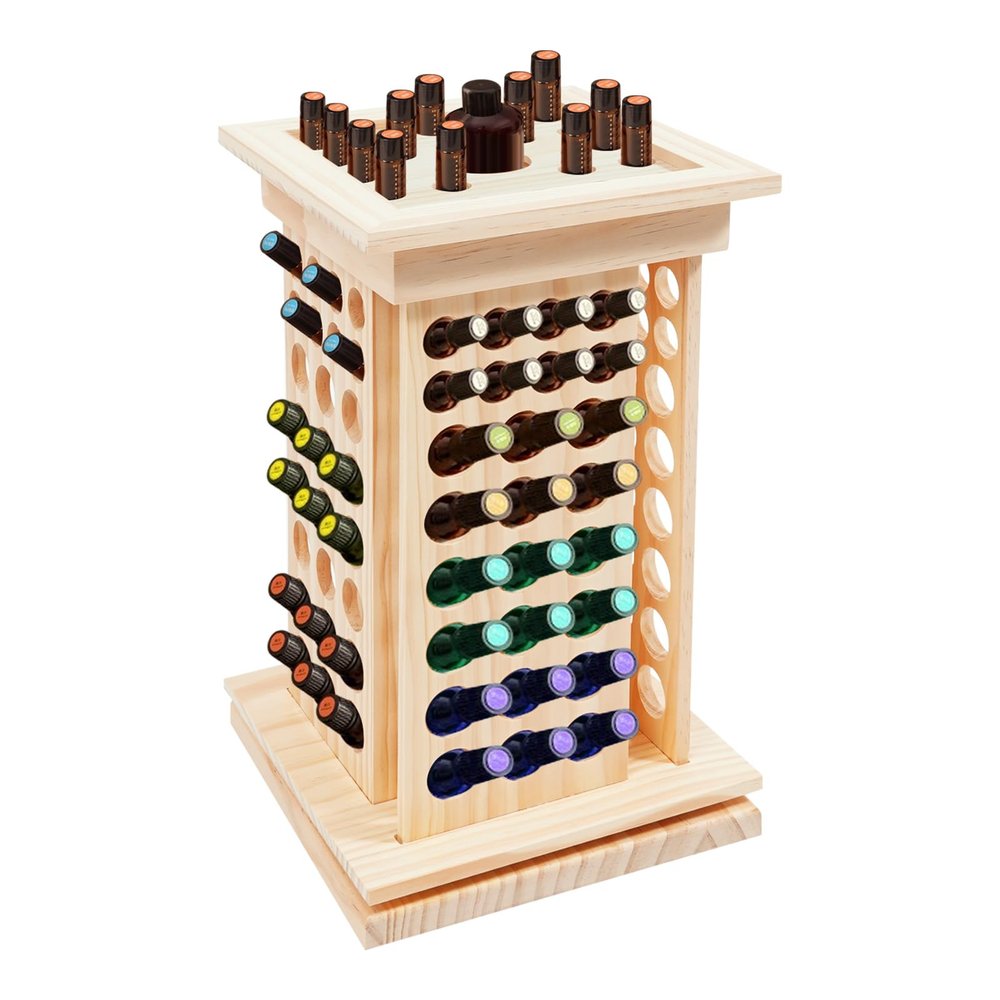 125 Slots Essential Oil Storage Shelf Wood Rotating Essential Oil Bottle Display Rack Wooden Farmhouse Style Essential Oil Stand Holder with Base for Aromatherapy Bottles Organization, Wood Color