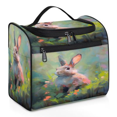UOYO Hanging Travel Toiletry Bag with 11 Compartments, Cute Rabbit Watercolor Bunny Water-resistant Makeup Cosmetic Bag Travel Organizer for Accessories, Shampoo, Full-size Container, Toiletries
