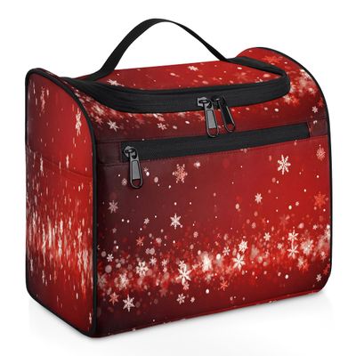 UOYO Hanging Travel Toiletry Bag with 11 Compartments, Christmas Snowflakes Red Background Water-resistant Makeup Cosmetic Bag Travel Organizer for Accessories, Shampoo, Full-size Container, Toiletrie