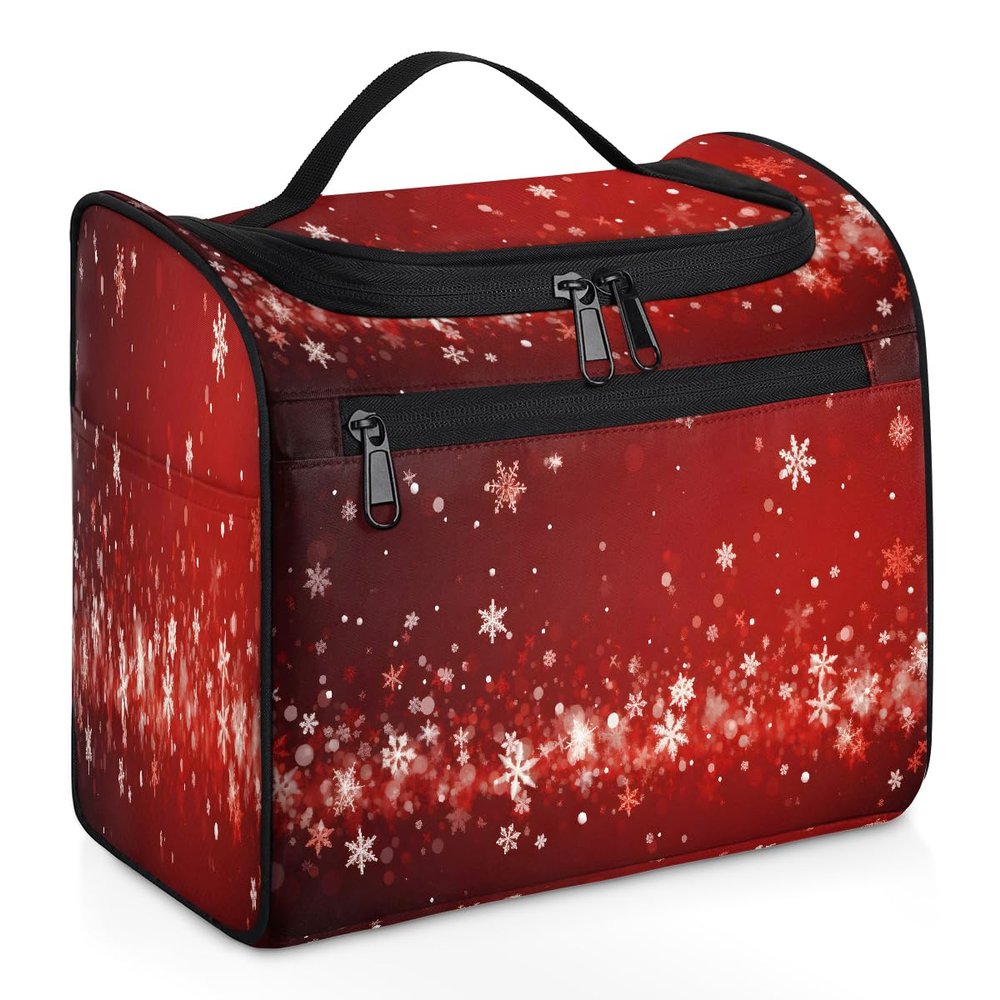 UOYO Hanging Travel Toiletry Bag with 11 Compartments, Christmas Snowflakes Red Background Water-resistant Makeup Cosmetic Bag Travel Organizer for Accessories, Shampoo, Full-size Container, Toiletrie