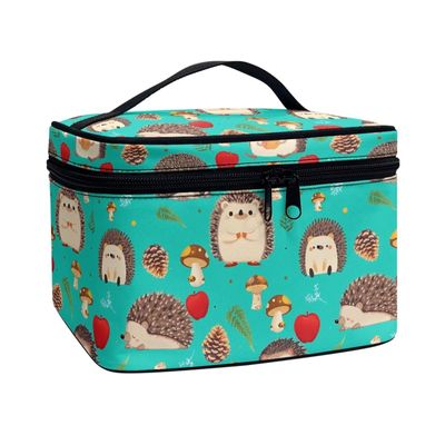 Jolamirel Cartoon Hedgehog Print Large Makeup Bag Toiletry Bag for Women, Forest Animals Printed Cosmetic Travel Toiletry Storage Pouch Case for Accessories, Turquoise