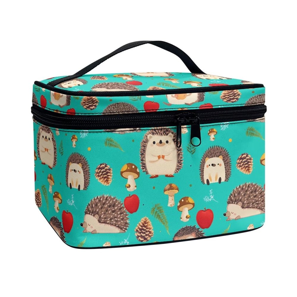 Jolamirel Cartoon Hedgehog Print Large Makeup Bag Toiletry Bag for Women, Forest Animals Printed Cosmetic Travel Toiletry Storage Pouch Case for Accessories, Turquoise