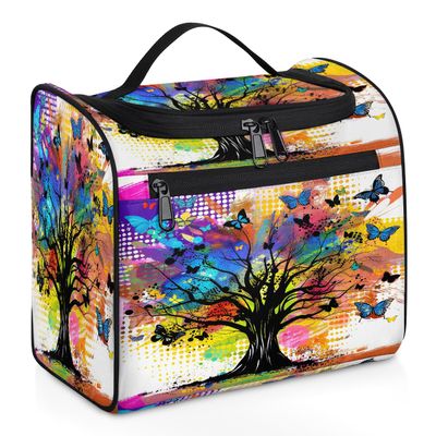UOYO Hanging Travel Toiletry Bag with 11 Compartments, Colorful Butterfly Happy Tree Watercolor Water-resistant Makeup Cosmetic Bag Travel Organizer for Accessories, Shampoo, Full-size Container, Toil