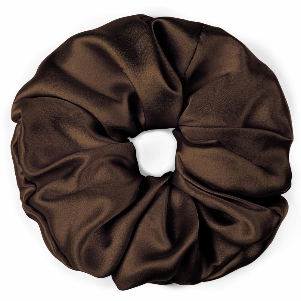100% Pure Mulberry Silk Scrunchies  Handmade in USA  19 Momme 6A Grade Silk Hair Tie for Women & Girls  Gentle Elastic Ponytail Holder  No-Crease, Prevents Breakage & Frizz  Jumbo (Dark Brown)