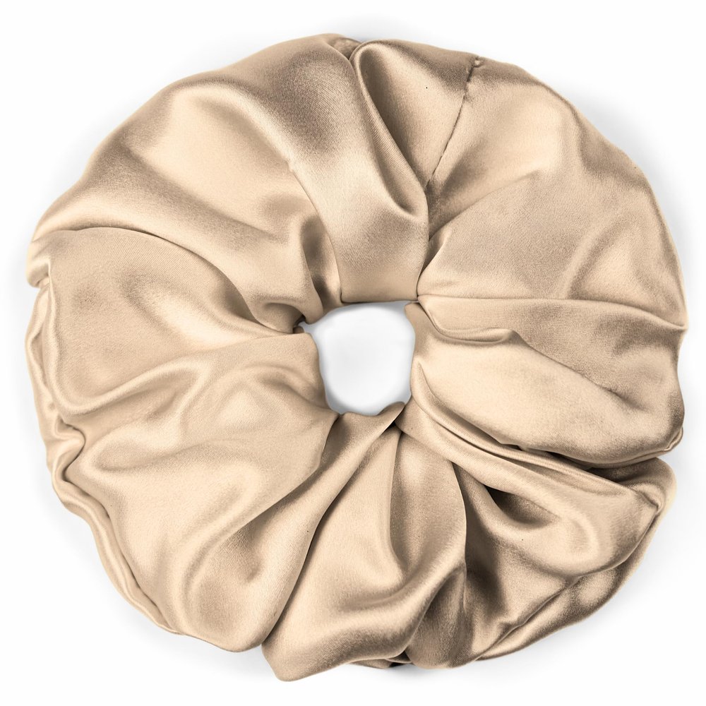 100% Pure Mulberry Silk Scrunchies  Handmade in USA  19 Momme 6A Grade Silk Hair Tie for Women & Girls  Gentle Elastic Ponytail Holder  No-Crease, Prevents Breakage & Frizz  Jumbo (Beige)