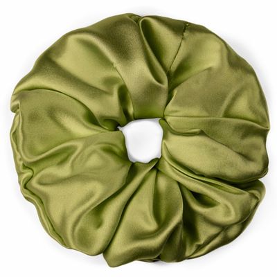 100% Pure Mulberry Silk Scrunchies  Handmade in USA  19 Momme 6A Grade Silk Hair Tie for Women & Girls  Gentle Elastic Ponytail Holder  No-Crease, Prevents Breakage & Frizz  Jumbo (Olive)