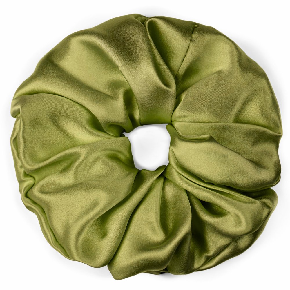 100% Pure Mulberry Silk Scrunchies  Handmade in USA  19 Momme 6A Grade Silk Hair Tie for Women & Girls  Gentle Elastic Ponytail Holder  No-Crease, Prevents Breakage & Frizz  Jumbo (Olive)