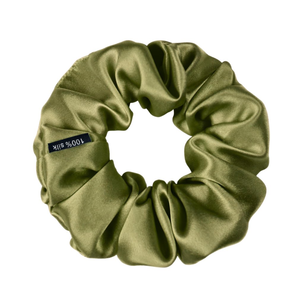 100% Pure Mulberry Silk Scrunchies  Handmade in USA  19 Momme 6A Grade Silk Hair Tie for Women & Girls  Gentle Elastic Ponytail Holder  No-Crease, Prevents Breakage & Frizz  Skinny (Olive)