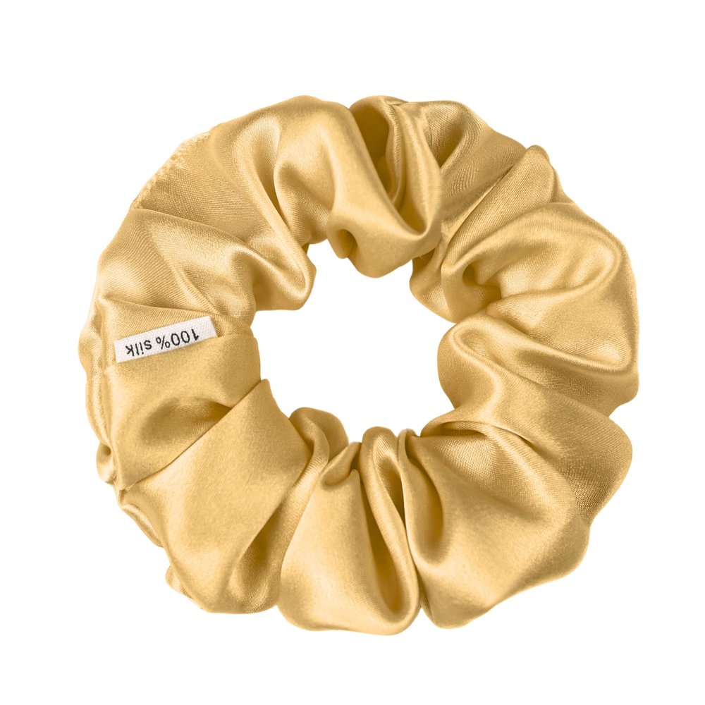 100% Pure Mulberry Silk Scrunchies  Handmade in USA  19 Momme 6A Grade Silk Hair Tie for Women & Girls  Gentle Elastic Ponytail Holder  No-Crease, Prevents Breakage & Frizz  Skinny (Gold)