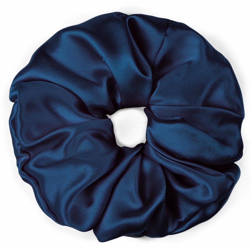 100% Pure Mulberry Silk Scrunchies  Handmade in USA  19 Momme 6A Grade Silk Hair Tie for Women & Girls  Gentle Elastic Ponytail Holder  No-Crease, Prevents Breakage & Frizz  Jumbo (Deep Blue)