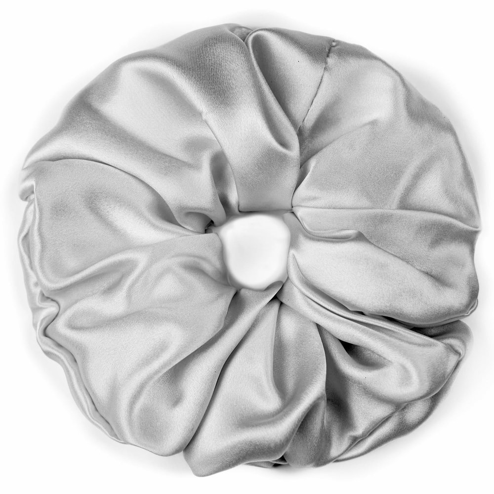 100% Pure Mulberry Silk Scrunchies  Handmade in USA  19 Momme 6A Grade Silk Hair Tie for Women & Girls  Gentle Elastic Ponytail Holder  No-Crease, Prevents Breakage & Frizz  Jumbo (Silver)