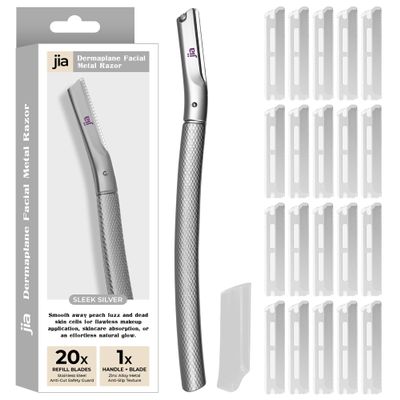 Jia Dermaplane Facial Metal Razor in Sleek Silver with 20 Swiss-Made Replacement Blades  Eyebrow Trimmer & Face Shaver for Women and Men, Peach Fuzz & Dead Skin Cell Removal Tool