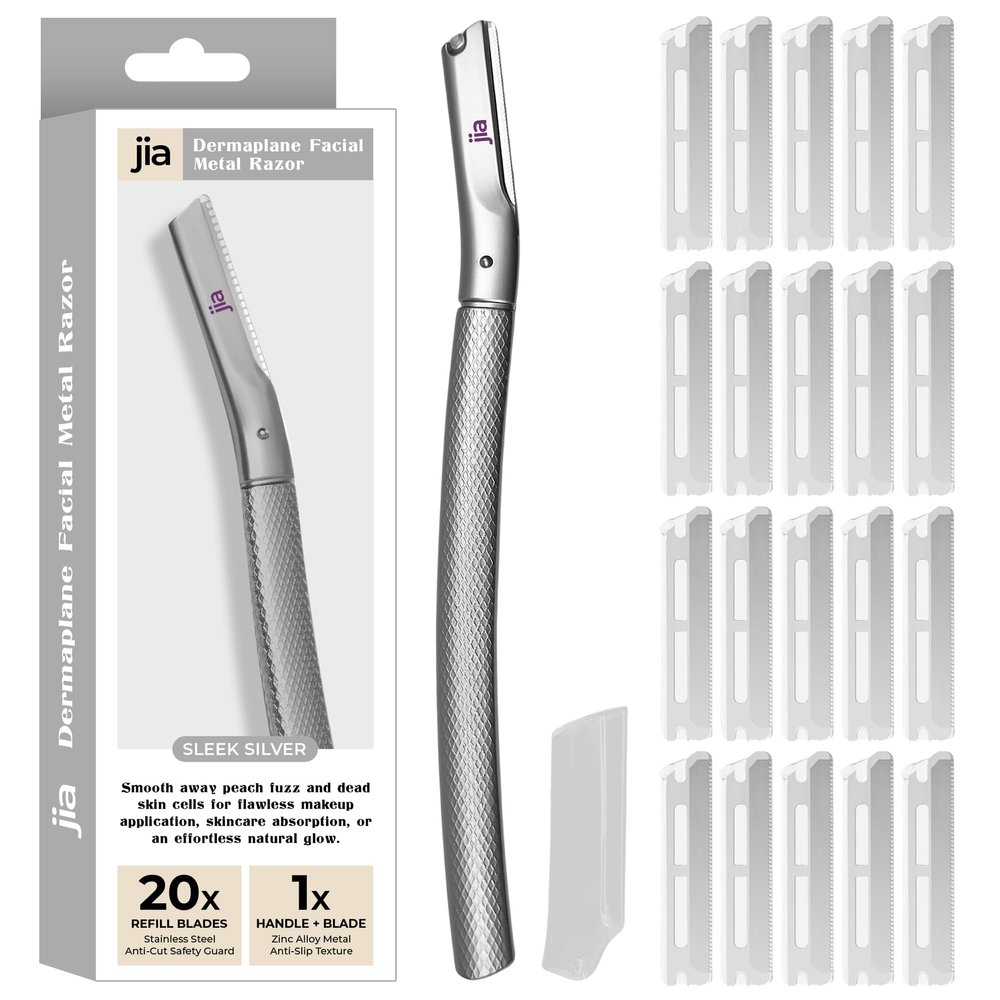 Jia Dermaplane Facial Metal Razor in Sleek Silver with 20 Swiss-Made Replacement Blades Eyebrow Trimmer & Face Shaver for Women and Men, Peach Fuzz & Dead Skin Cell Removal Tool