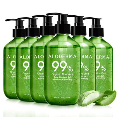 Aloderma 99% Organic Pure Aloe Vera Gel Made within 12 Hours of Harvest, 17.6oz Value Pump, Lightweight Non-Sticky Aloe Vera Gel for Sunburn Relief, Natural, Soothing Aloe Vera for Face & Hair, 6-Pack