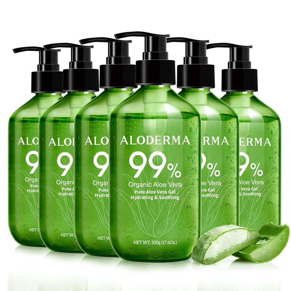 Aloderma 99% Organic Pure Aloe Vera Gel Made within 12 Hours of Harvest, 17.6oz Value Pump, Lightweight Non-Sticky Aloe Vera Gel for Sunburn Relief, Natural, Soothing Aloe Vera for Face & Hair, 6-Pack