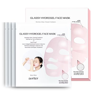 aurtier Glassy Hydrogel Face Mask for Glow and Dewy Skin, Deep Hydration, Vegan Collagen, Makeup Prep, Pore Tightening, Firming, Moisturizing, Elasticity, Overnight Korean Skin Care 1.19oz x 4ea