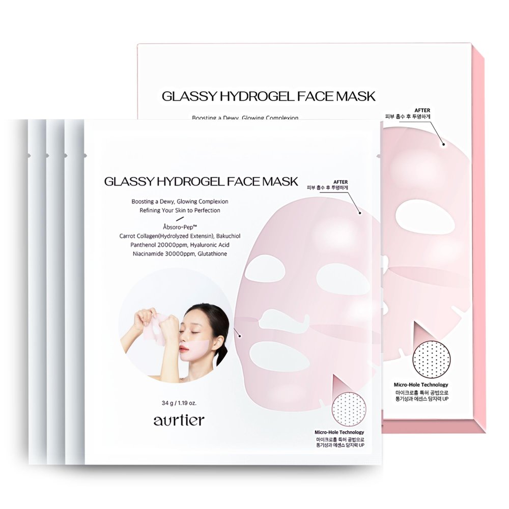 aurtier Glassy Hydrogel Face Mask for Glow and Dewy Skin, Deep Hydration, Vegan Collagen, Makeup Prep, Pore Tightening, Firming, Moisturizing, Elasticity, Overnight Korean Skin Care 1.19oz x 4ea