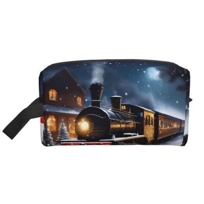 GaxfjRu Winter Christmas Snow Night Railway Train print Travel Cosmetic Bag Organizer Large Makeup Bag Women for Cosmetics Toiletries Accessories
