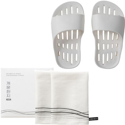 DEARCUS Korean Exfoliating Washcloth Towel 2Pcs + Shower Slipper, Nuvola White (9-12) Bundle