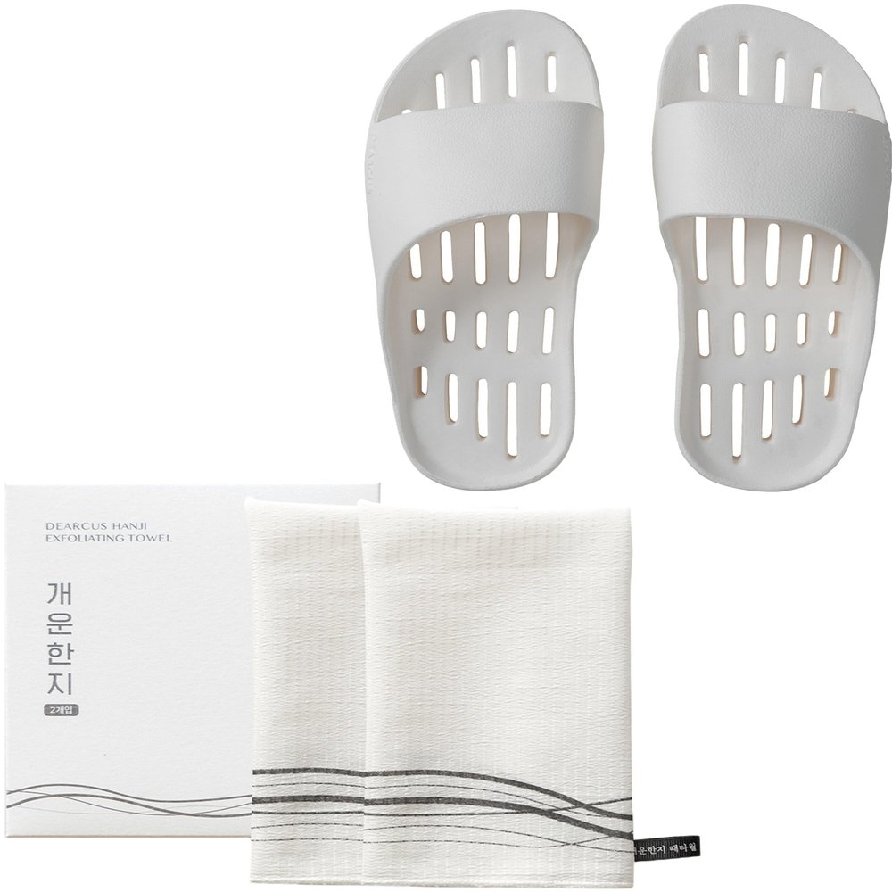 DEARCUS Korean Exfoliating Washcloth Towel 2Pcs + Shower Slipper, Nuvola White (9-12) Bundle