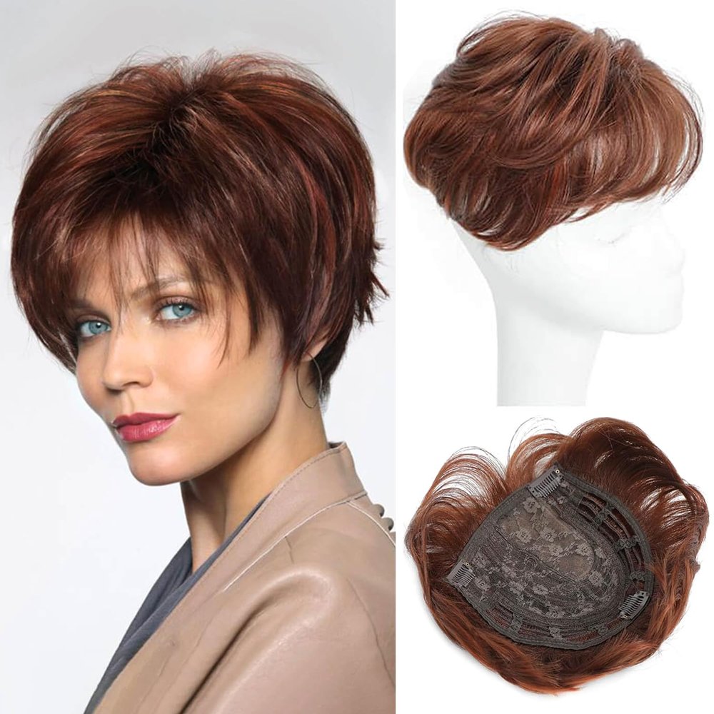 PORSMEER Hair Toppers for Women - Synthetic Hair - Pixie Cut Toppers - Short Hair Pieces with Bangs - Aburn